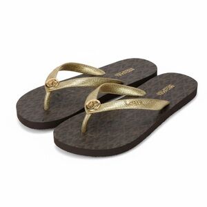 Michael Kors Gold Strap Brown Logo Flip Flop Sandals NEW
